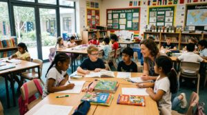 Alumnos trabajando en grupo en un colegio internacional