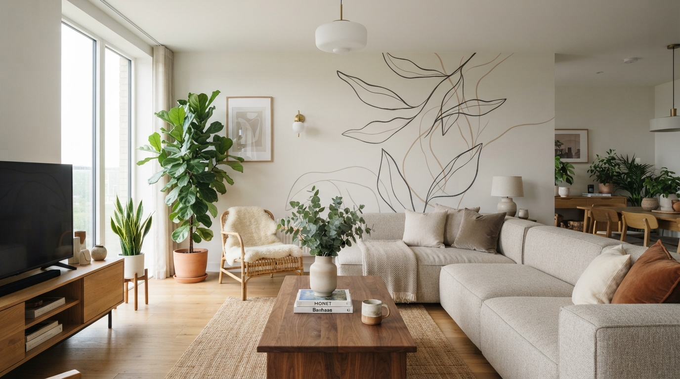 Salón con pared decorada que modifica la percepción visual del espacio