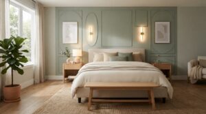 Dormitorio con pared protagonista decorada detrás del cabecero