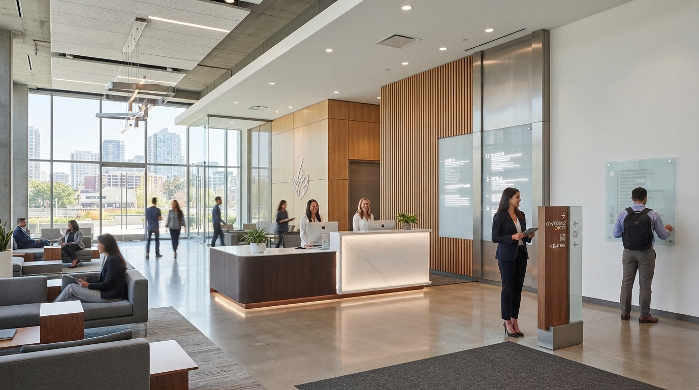 Señalización integrada en la recepción de un edificio de oficinas